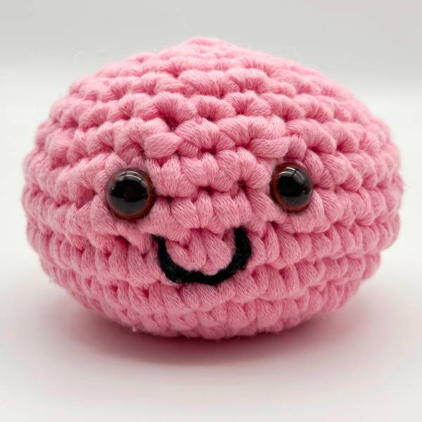 Close view of the dumpling's stitched smile and safety eyes